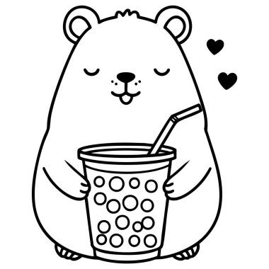 Gülen ayı, tatlı kalp şekilli köpüklü çayın tadını çıkarıyor.