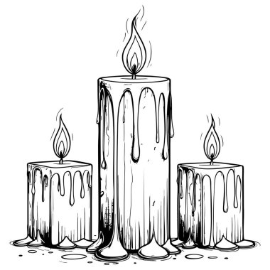 Yumuşak alevlerle eriyen üç mum yetişkinler ve çocuklar için rahatlatıcı boyama sayfası