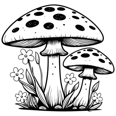 Çiçekler ve çimlerle çevrili güzel mantarlar boyama sayfaları için mükemmel.