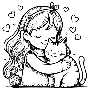Tatlı kız güzel kedisine sarılıyor. Renklendirmek için mükemmel kalplerle çevrili.