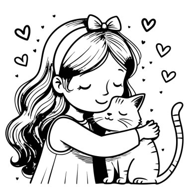 Sevimli kız kedisine sarılıyor. Çocuklar için güzel bir boyama sayfası.