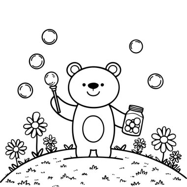 Gülen ayı bir tarlada çiçeklerle çevrili balon değneği ve kavanozu tutuyor.