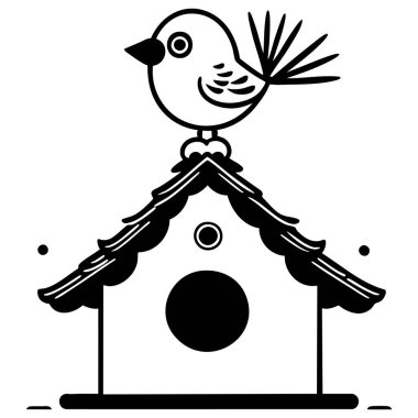 Sevimli kuş, çocukların boyama eğlencesi için rahat bir kuş kafesinde mutlu mesut oturuyor.