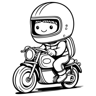 Kask takan sevimli bir çocuk motosiklet sürüyor ve gülümsüyor.