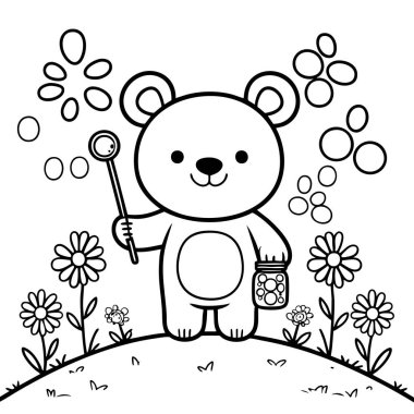 Güneşli bir bahçe boyama sayfasında sabun köpükleri ve çiçeklerle oynayan sevimli oyuncak ayı.
