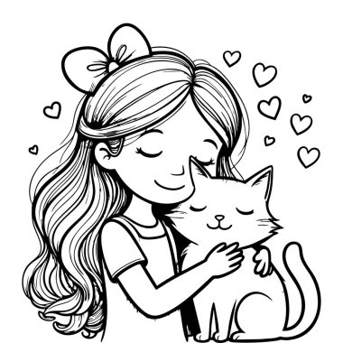 Tatlı kız kedisine sarılıyor. Dostluk rengi için mükemmel.
