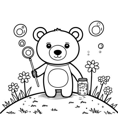 Çiçek tarlasında baloncuklar çıkaran sevimli oyuncak ayı boyama sayfaları için eğlenceli.