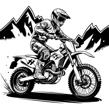 Bir motokros sürücüsü koyu siyah beyaz bir şekilde dağ arazisinde yarışıyor.