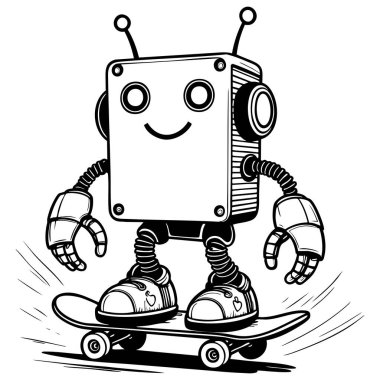 Çocukların boyama ve yaratıcılık eğlencesi için kaykaya binen komik robot.