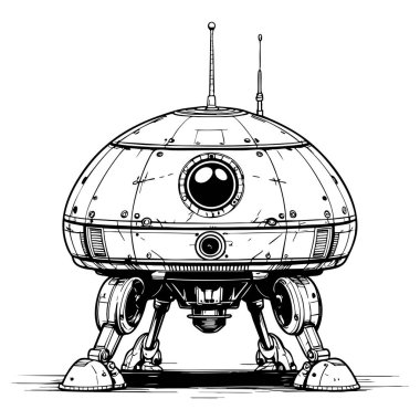 Çocuklar için bacakları boyama ve bilim kurgu sanatı olan havalı yuvarlak uzay robotu.