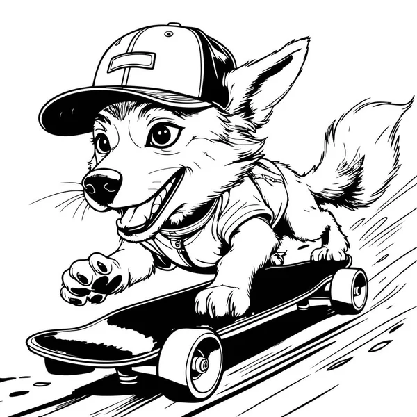 Tişörtlü, şapkalı, kaykaylı şirin bir köpek yavrusu.