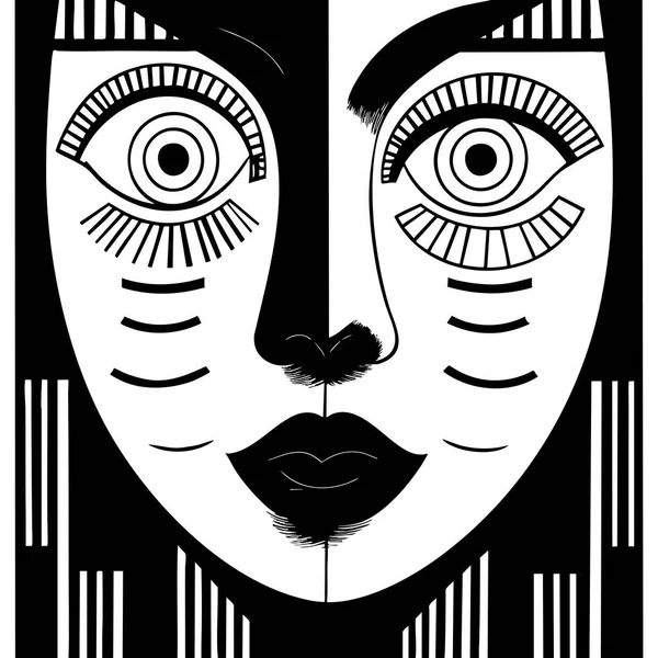 Benzersiz geometrik çizgilere sahip koyu siyah beyaz yüz çizimi