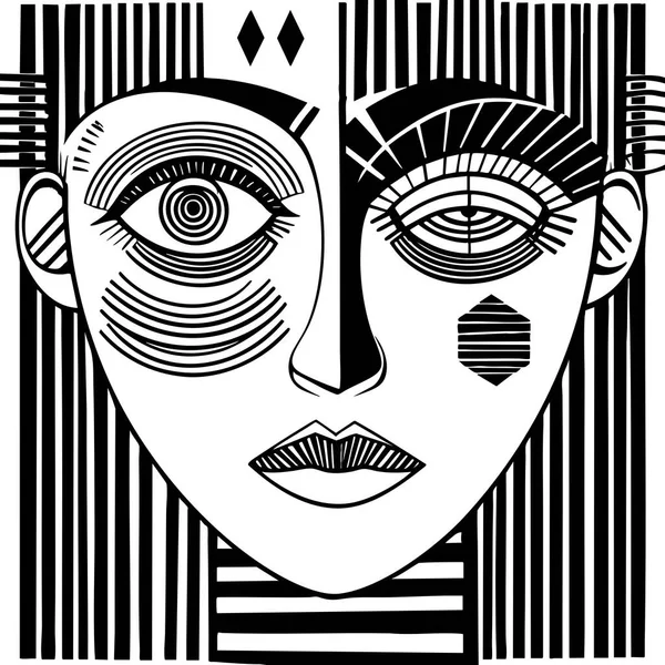 Doğrusal geometrik detay ve simetriye sahip soyut siyah ve beyaz yüz tasarımı