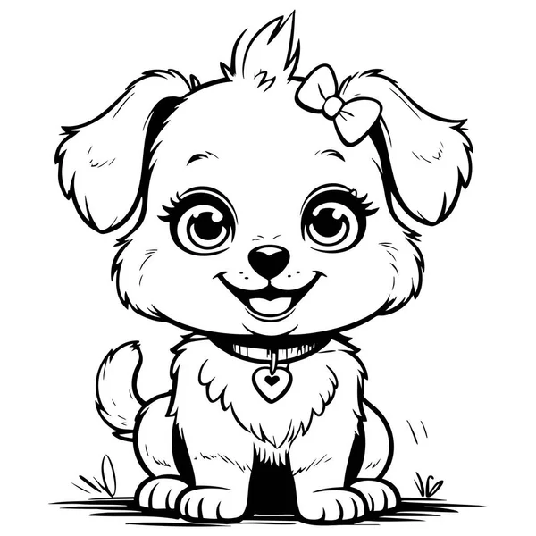 Şirin köpek yavrusu, çocuk sanatı için yay ve kalp tasmasıyla mutlu bir şekilde oturuyor.