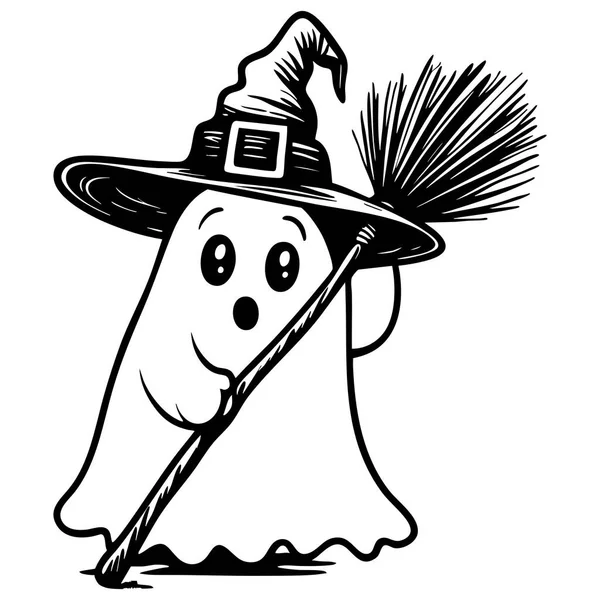 Şapka takan ve elinde siyah beyaz süpürge tutan sevimli hayalet cadı.