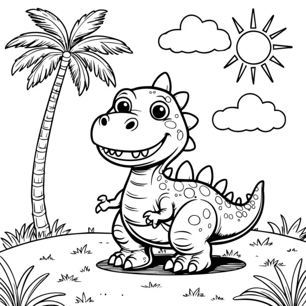 Güneş bulutları ve palmiye ağacı arka planıyla ormandaki mutlu çizgi film dinozoru.