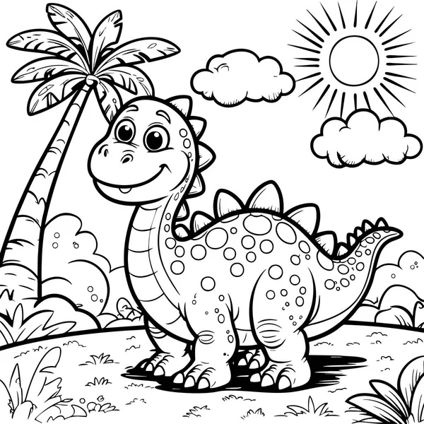 Gülen dinozor çimlerin üzerinde duruyor palmiye ağaçları ve çizgi film tarzında güneş ışığı ile