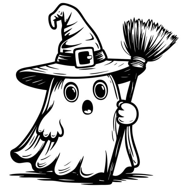 Cadı şapkası ve süpürgesi olan sevimli hayalet siyah beyaz çizgi film tarzına şaşırmış görünüyor.