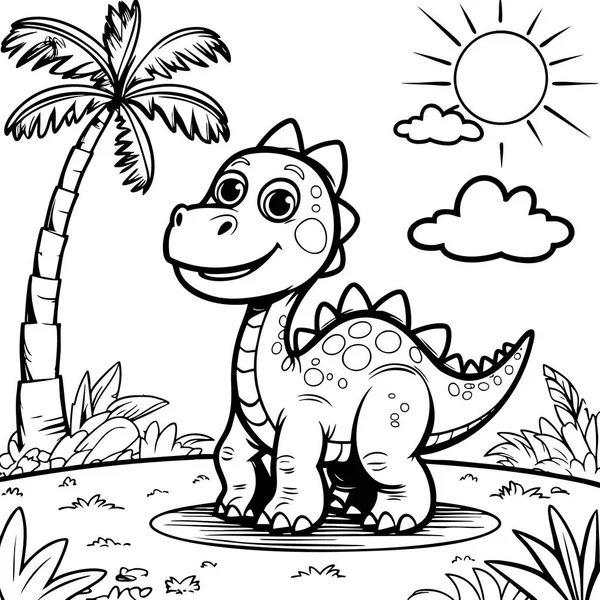 Çizgi filmdeki palmiye ağaçlarının yanında güneşin altında gülümseyen sevimli dinozor.