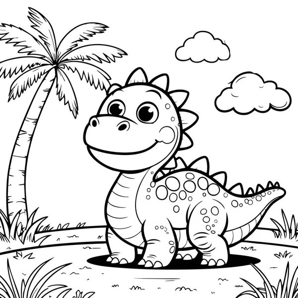 Gülümseyen dinozor, ormanda palmiye ağaçları ve bulutlarla mutlu mesut duruyor.