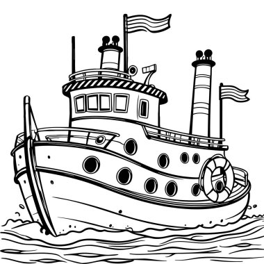 Deniz boyama sayfası aşıkları için dalgalar üzerinde yelken açan sevimli römorkör.