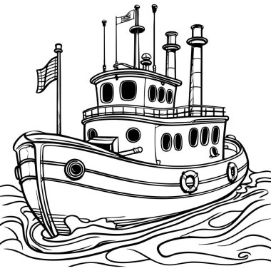Denizcilik sanatı ve renklendirme faaliyetleri için okyanus dalgaları üzerinde vintage römorkör çizimi