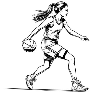 Spor renklendirme sayfası için top süren bayan basketbolcu