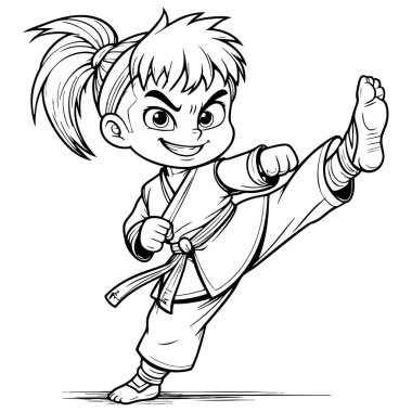 Sevimli karateci çocuk dövüş sanatlarında boyama sayfası için poz veriyor.