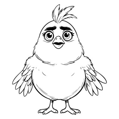 Çocukları boyamak için hazırlanmış büyük gözleri olan sevimli küçük kuş karakteri.
