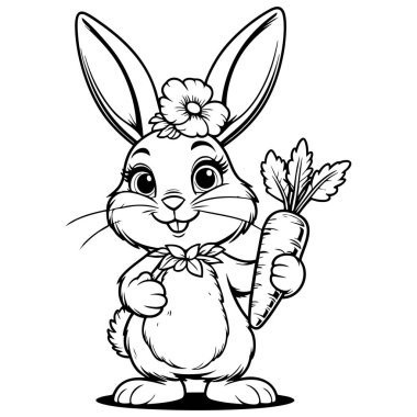 Sevimli tavşancık havucu tutuyor. Çocuklar için mükemmel. Eğlence ve yaratıcılığı boyuyor.