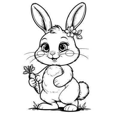 Havuç tutan tatlı tavşancık çocukların sanatsal oyunlarını renklendirmesi ve eğlenmesi için ideal.