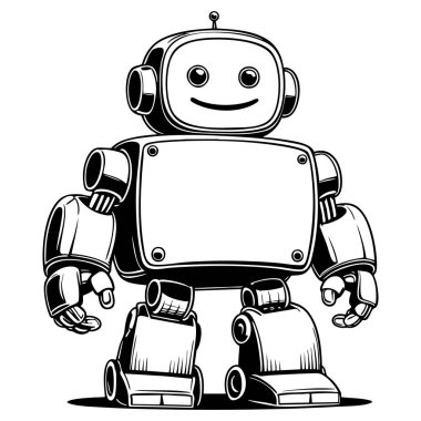 Sevimli, dost canlısı, mutlu gülüşlü, sayfa boyama eğlencesi için mükemmel bir robot.