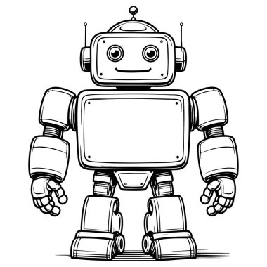 Büyük gözlü neşeli robot çocuklar için gururla duruyor. Sayfa boyama aktivitesi.