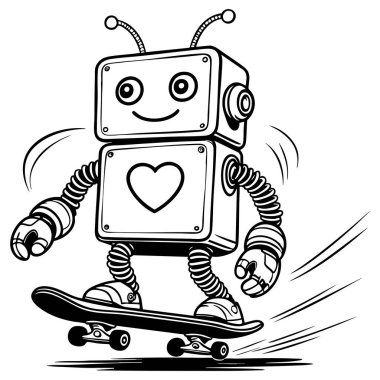 Çocukların kitap sayfalarını boyama eğlencesi için kalp tasarımı kaykaylı sevimli bir robot.