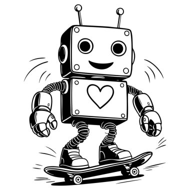 Mutlu robot kaykayı çocuklar için mükemmel boyama sayfası eğlence ve yaratıcılık
