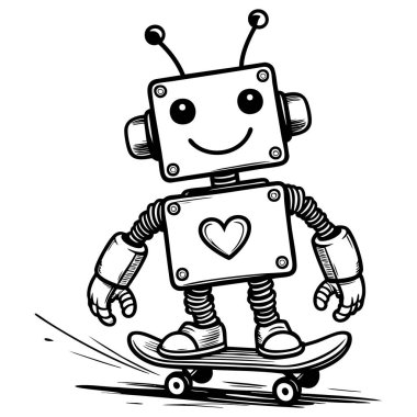 Kaykay süren sevimli robot. Eğlenceli çocuklar için gülümsüyor. Sayfaları boyuyor.