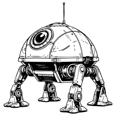 Dört bacaklı ve büyük gözlü mekanik robot bilim kurgu boyama sayfası eğlencesi için mükemmel.