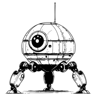 Büyük gözlü küresel robot bacakların üzerinde duruyor çocuklar için bilim kurgu boyama sayfası