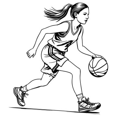 Kadın basketbolcu hareketli poz verirken top sürüyor.