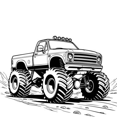 Büyük bir canavar kamyon engebeli arazide gidiyor. Renklendirme hayranları için harika.