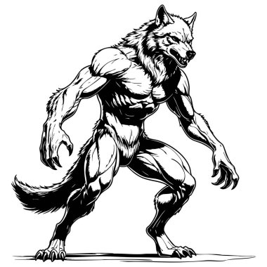 Gençler ve yetişkinler için vahşi kurt adam boyama sayfası güçlü bir canavar sanatı gösteriyor.