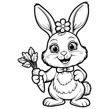 Sevimli tavşan elinde havuç tutuyor. Çocuklar için gülümseyen boyama sayfası. Eğlence ve sanat aktiviteleri.