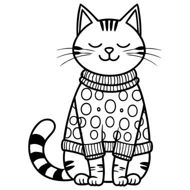 Sıcak süveter giyen rahat kedi. Çocuklar ve yetişkinler için harika bir boyama sayfası.