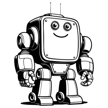 Gülümseyen kutu şeklinde antenleri ve güçlü kolları olan eğlenceli maceralara hazır robotlar.