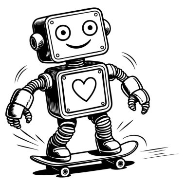 Yürek sembolü kaykaylı eğlenceli robot. Çocuklar için mükemmel bir eylem.