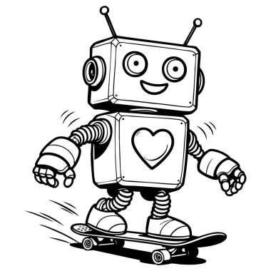 Eğlenceli çizgi film stiliyle kaykay süren neşeli antenli neşeli robot.