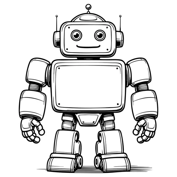 Büyük gözlü neşeli robot çocuklar için gururla duruyor. Sayfa boyama aktivitesi.