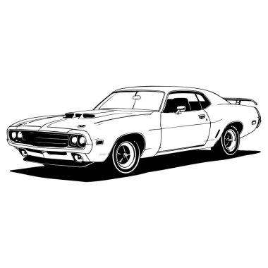 Yetişkin ve genç renkli sayfalar için klasik kaslı araba çizgisi çizimi. Temiz ve kalın hatlı klasik otomotiv tasarımı.