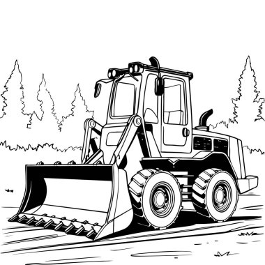 Çocuklar için detaylı buldozer çizgisi çizimi. Sayfalar boyama. Kalın hatlı ağır inşaat aracı.