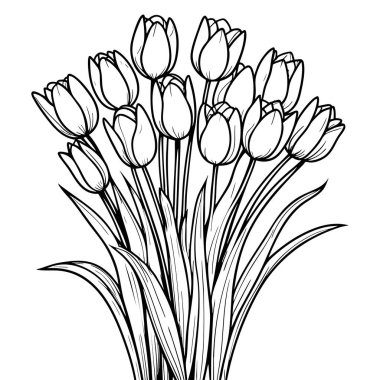 Yetişkinler ve çocuklar için uygun renkli sayfaları rahatlatmak için zarif lale çiçeği buket çizgisi çizimi